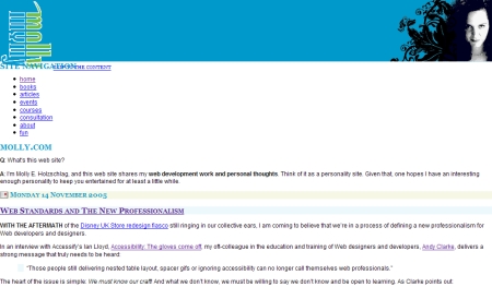 A screenshot of molly.com as it appears with a partially-missing style sheet